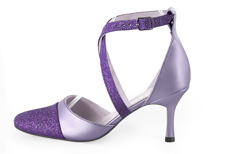 Amethyst purple women's open side shoes, with crossed straps. Round toe. High slim heel. Profile view - Florence KOOIJMAN